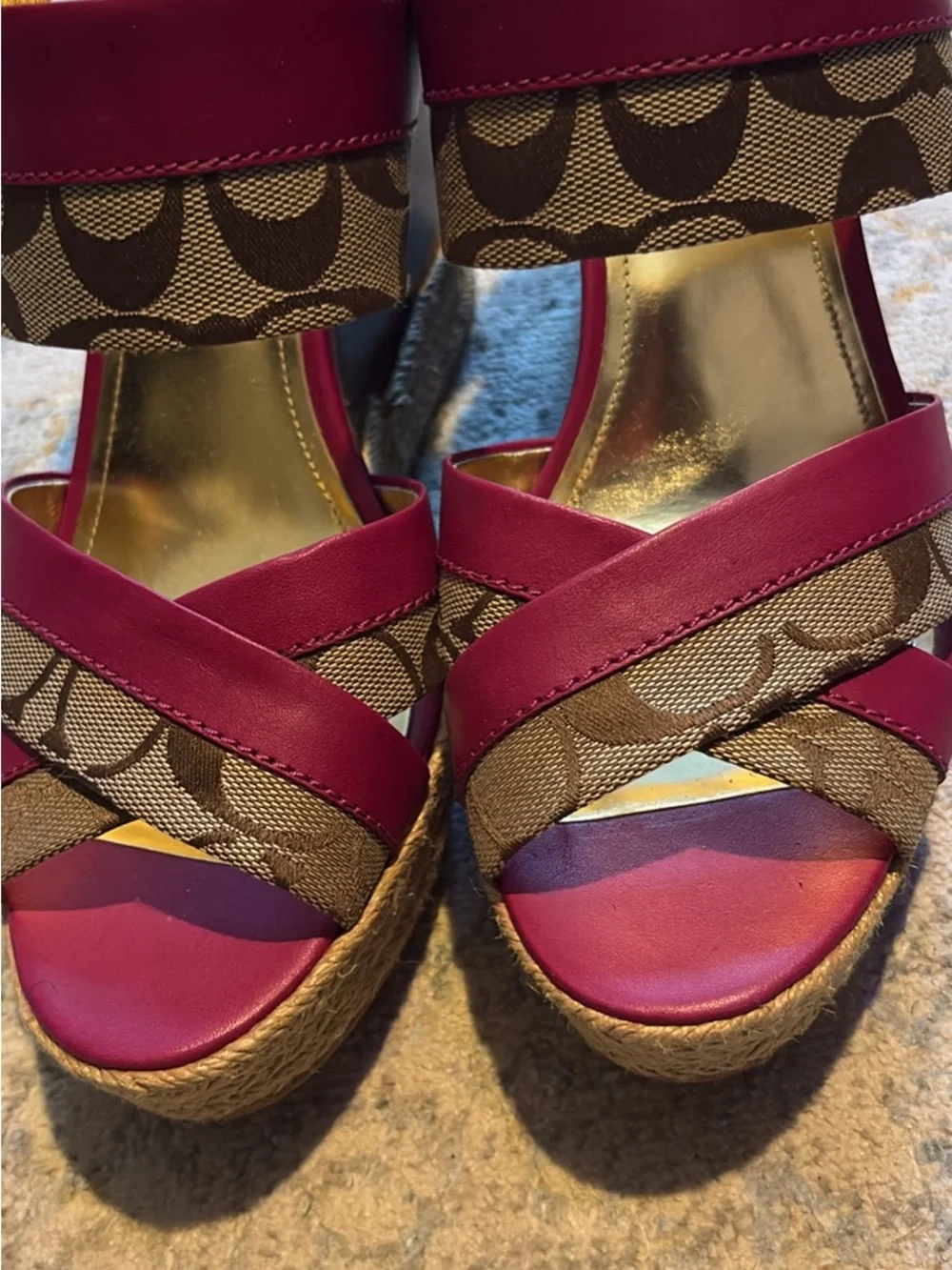 Coach Pink Signature Canvas Wedge Sandals with Gold Footbed